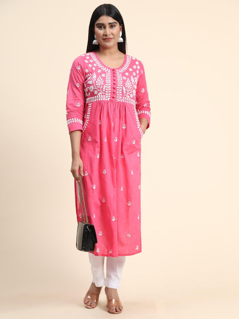 Fizaa Chikankari Kurti for Women With Pocket - Pink